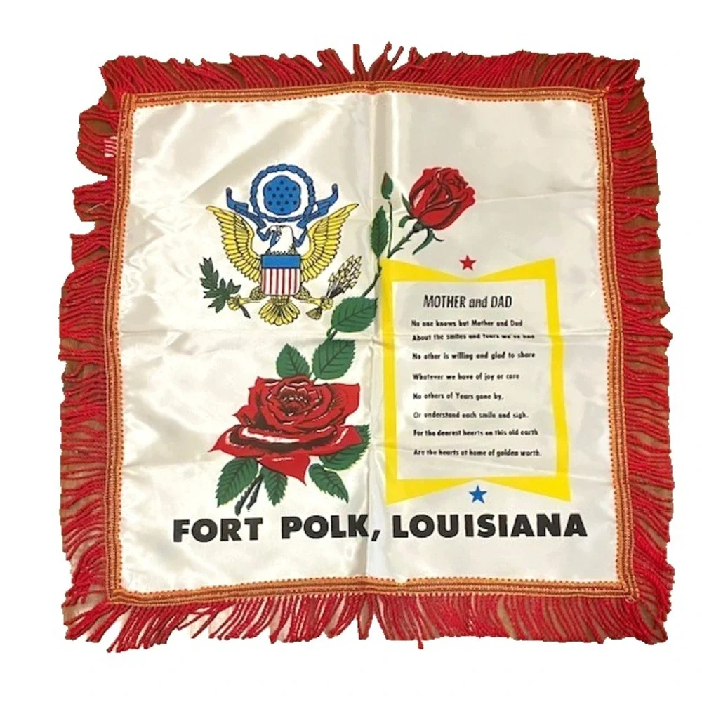 Vintage Military Pillow Cover Silk United States Fort Polk Louisiana Mother Dad